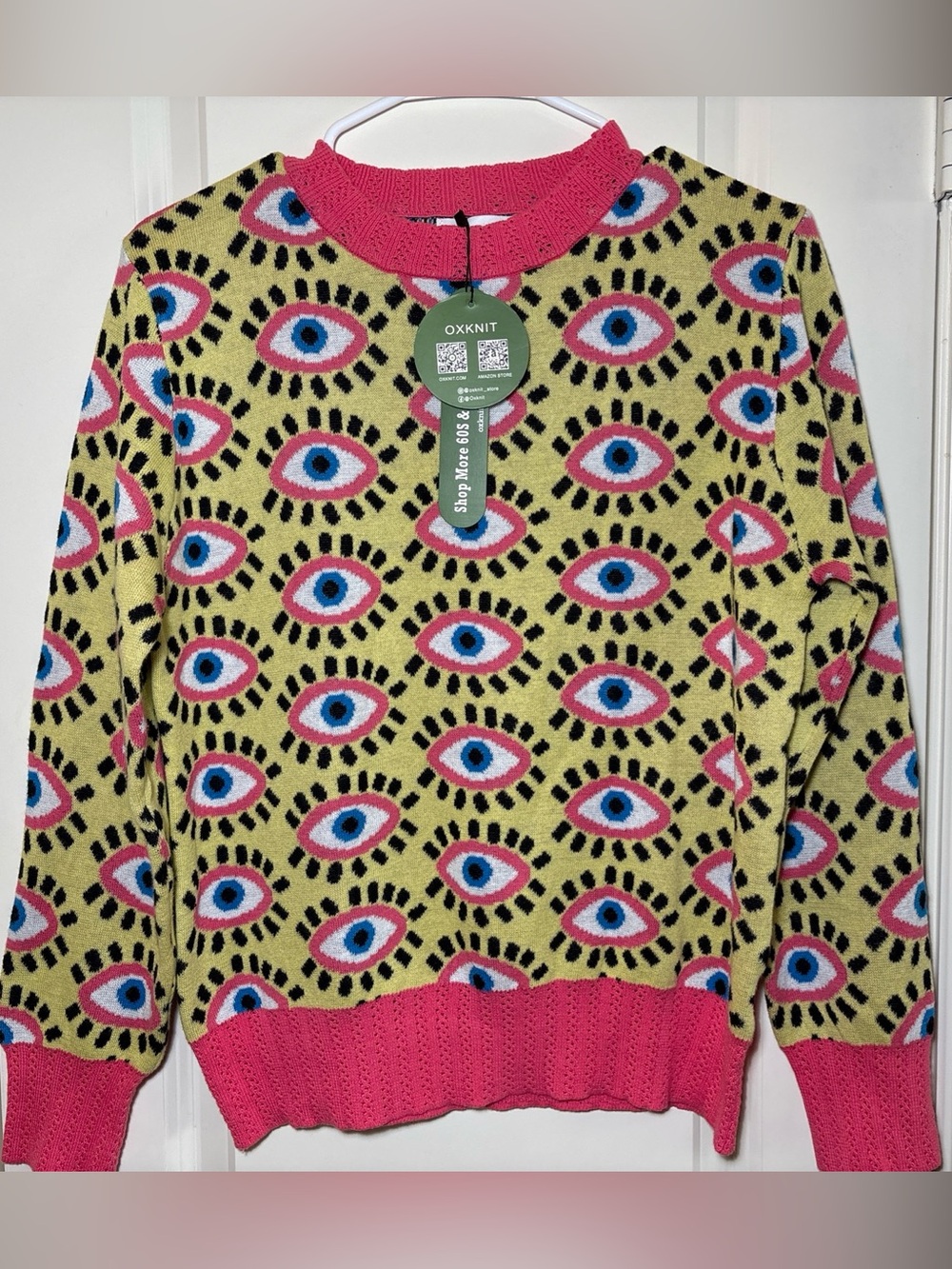 OXKNIT Women’s Evil Eye Pink Kitschy Preppy Jacquard Knitwear Sweater Large